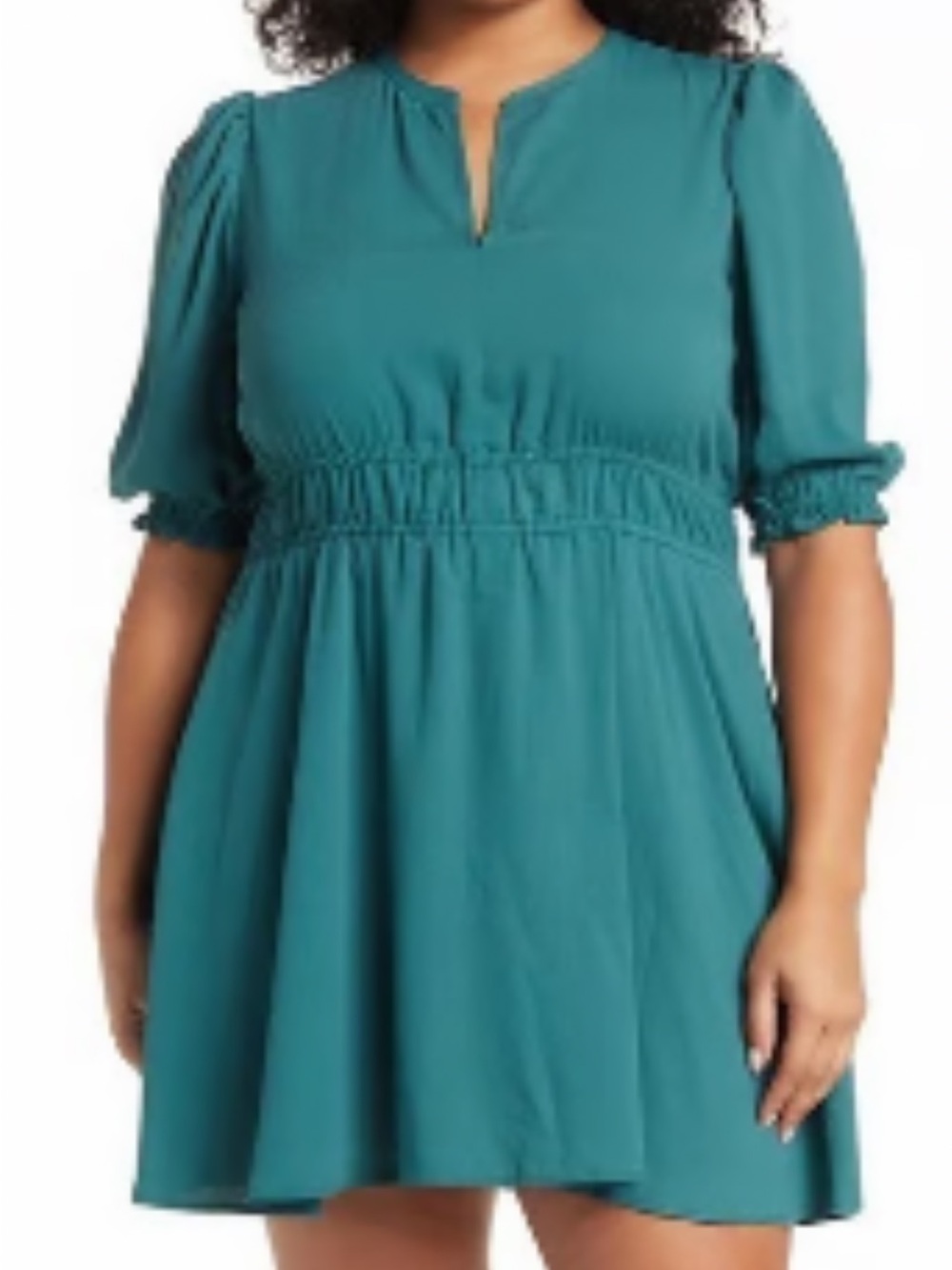 Melrose and Market Teal Puff-Sleeve Smocked-Waist Mini Dress